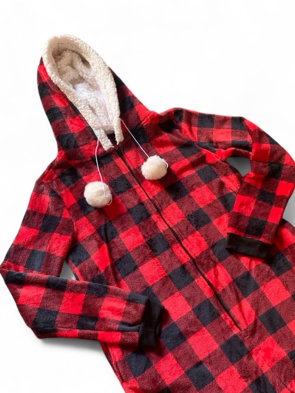 Red & Black Plaid Sherpa-Lined Hooded Zip onesie